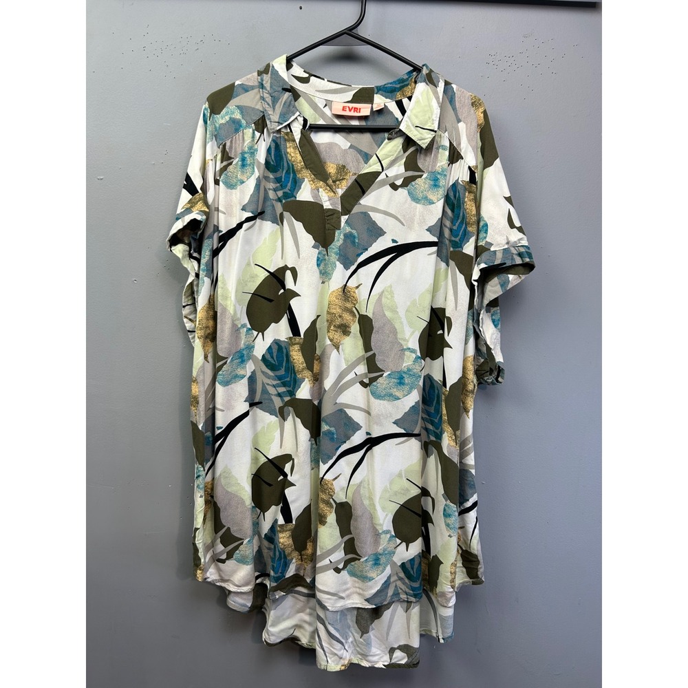 EVRI Tunic Women 3X Multicolor Tropical Leaf Print Rayon V-Neck High-Low Top
